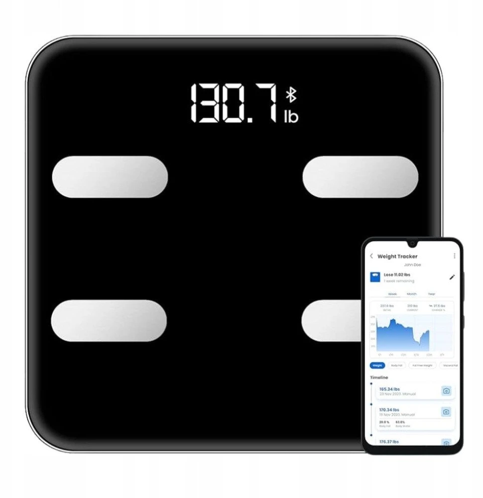 Lean Elektroninės vonios svarstyklės su Bluetooth funkcija ir LED ekranu, 28x28 cm
