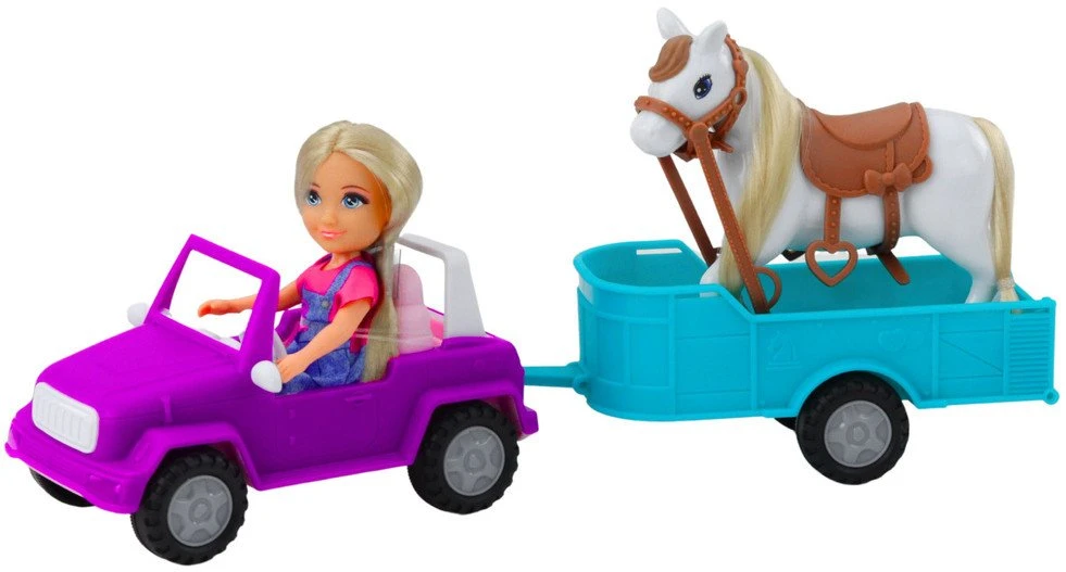 Lean Toys Lėlės rinkinys su automobiliu, priekaba ir arkliu