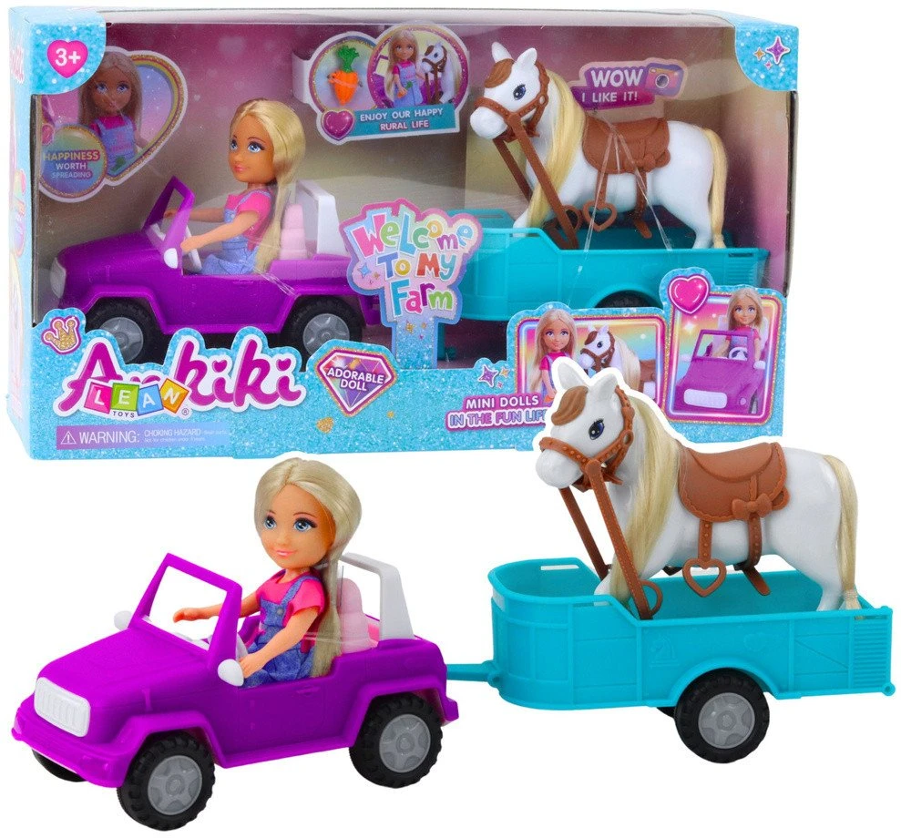Lean Toys Lėlės rinkinys su automobiliu, priekaba ir arkliu