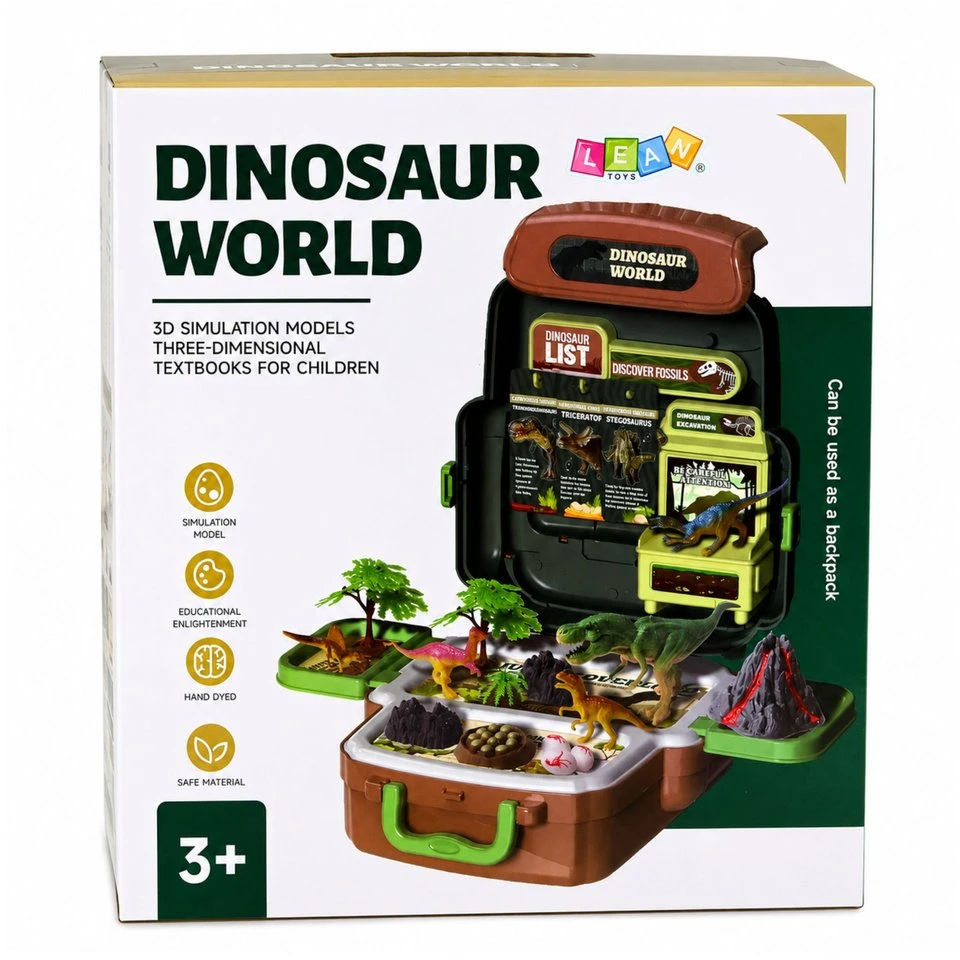 Zestaw Rinkinys Dinozaurų rinkinys kuprinėje, lagamine, figūrėlėse, edukacinėse kortelėse, prieduose, 30 vnt.