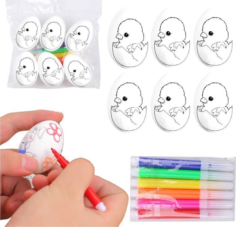 Lean Toys Jajka Velykiniai putplasčio kiaušiniai dažymui, žymekliai, višta kiaušinyje, 6 vnt.