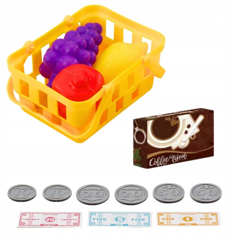 Lean Toys Vaikiškas kasos aparatas su priedais ir pirkinių krepšiu