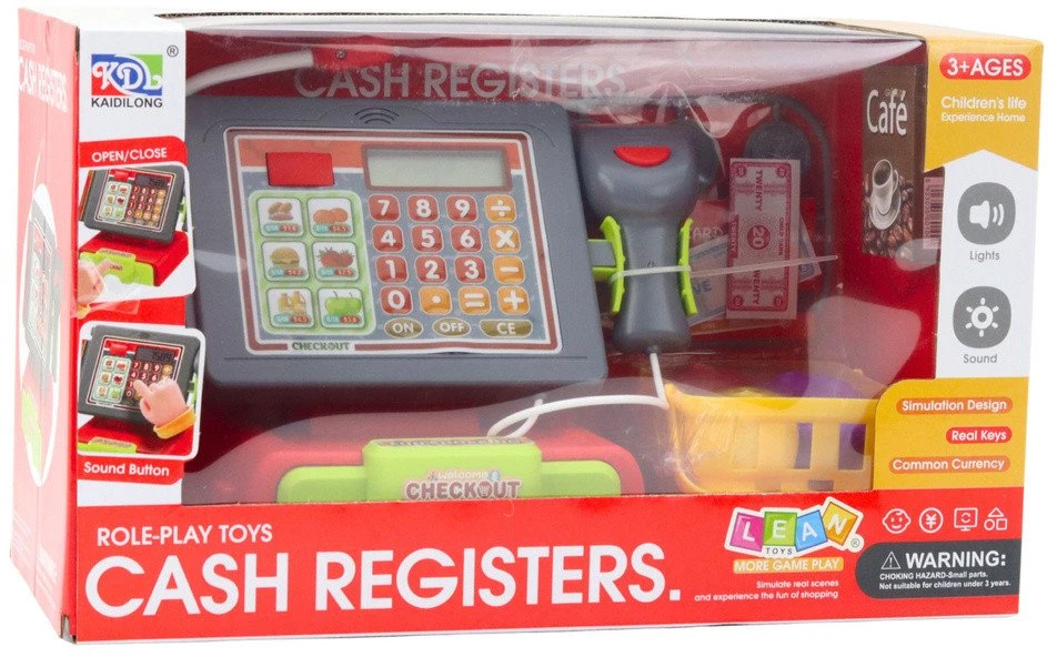 Lean Toys Vaikiškas kasos aparatas su priedais ir pirkinių krepšiu