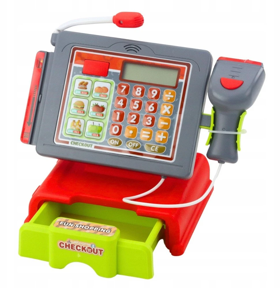 Lean Toys Vaikiškas kasos aparatas su priedais ir pirkinių krepšiu