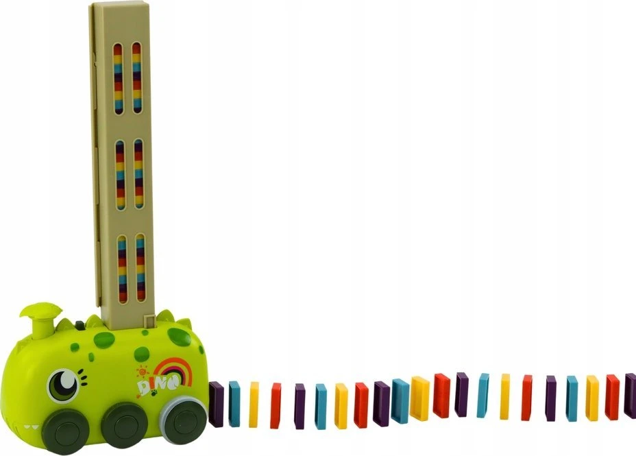 Lean Toys Žalias baterijomis veikiantis dinozaurų automobilis su domino kaladėlėmis
