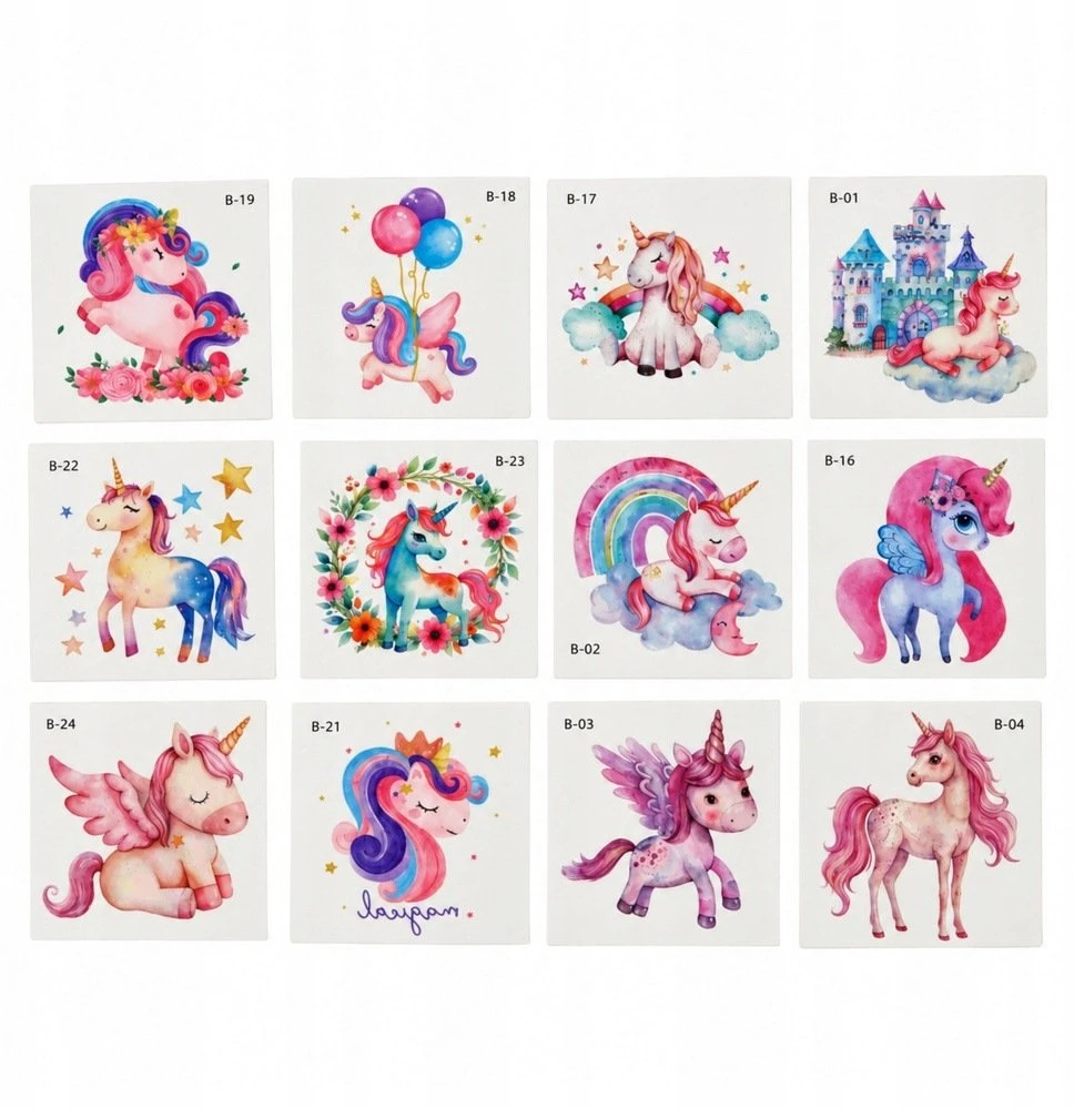 Lean Toys Vaikiškos laikinos tatuiruotės su vienaragiais, įvairiaspalvės, 5 × 5 cm, 25 vnt.