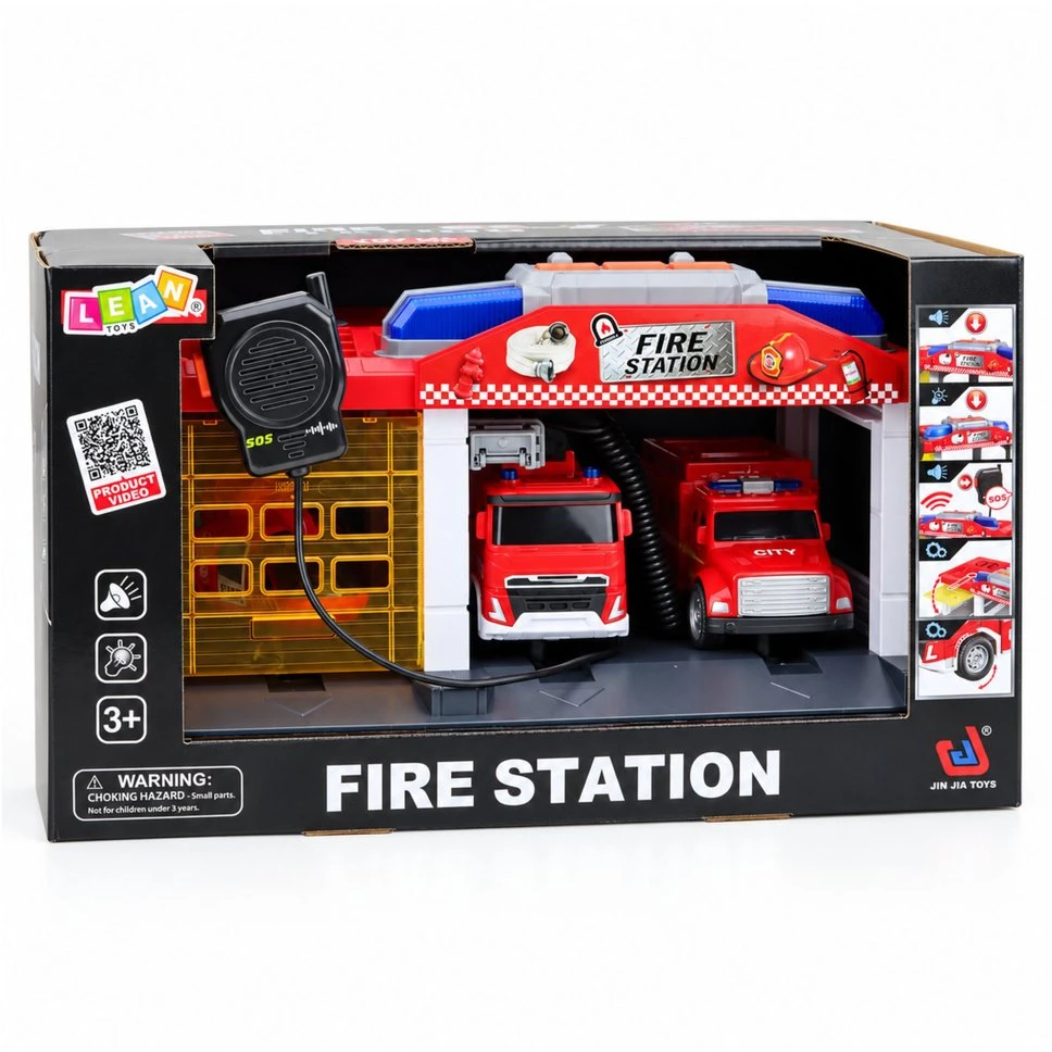 Lean Toys Gaisrinė su garažu ir transporto priemonėmis, raudona ir balta, 32 x 17 x 21 cm
