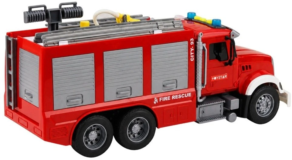 Lean Toys Žaislinis gaisrinis automobilis su ištraukiamomis kopėčiomis ir vandens purškimo funkcija, raudonas ir baltas, 36 x 16 x 11 cm