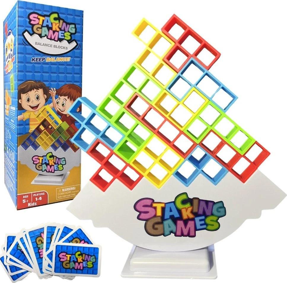 Lean Toys Tetrio Balansavimo Žaidimas su Bokštu ir Spalvotomis Kortelėmis