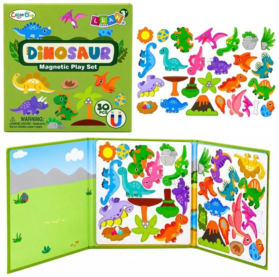 Lean Toys Magnetinė knygelė su dinozaurais, 30 magnetų, 18,5 × 18,5 cm