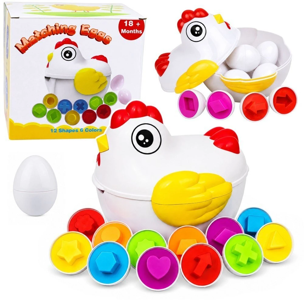 Lean Toys Edukacinis rūšiuoklis su 12 atidaromų kiaušinių ir višta-dėžute, įvairiaspalvis, 17 × 16,5 × 15 cm