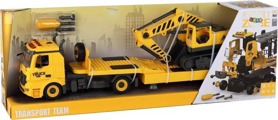 Žaislinis ardomas statybinio transporto transportavimo vilkikas su priedais Lean Toys, geltonas, 59x13,5x10,5 cm
