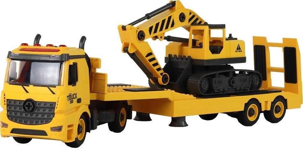 Žaislinis ardomas statybinio transporto transportavimo vilkikas su priedais Lean Toys, geltonas, 59x13,5x10,5 cm