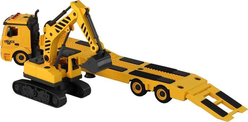 Žaislinis ardomas statybinio transporto transportavimo vilkikas su priedais Lean Toys, geltonas, 59x13,5x10,5 cm
