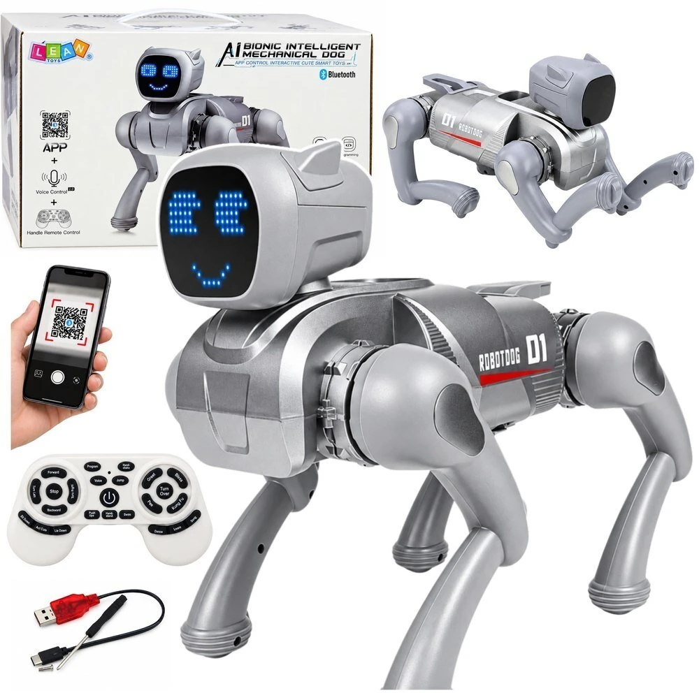 Lean Toys Nuotoliniu būdu valdomas robotas šuo, programuojamas, su Bluetooth, sidabrinis, 31 × 16,5 × 23,5 cm