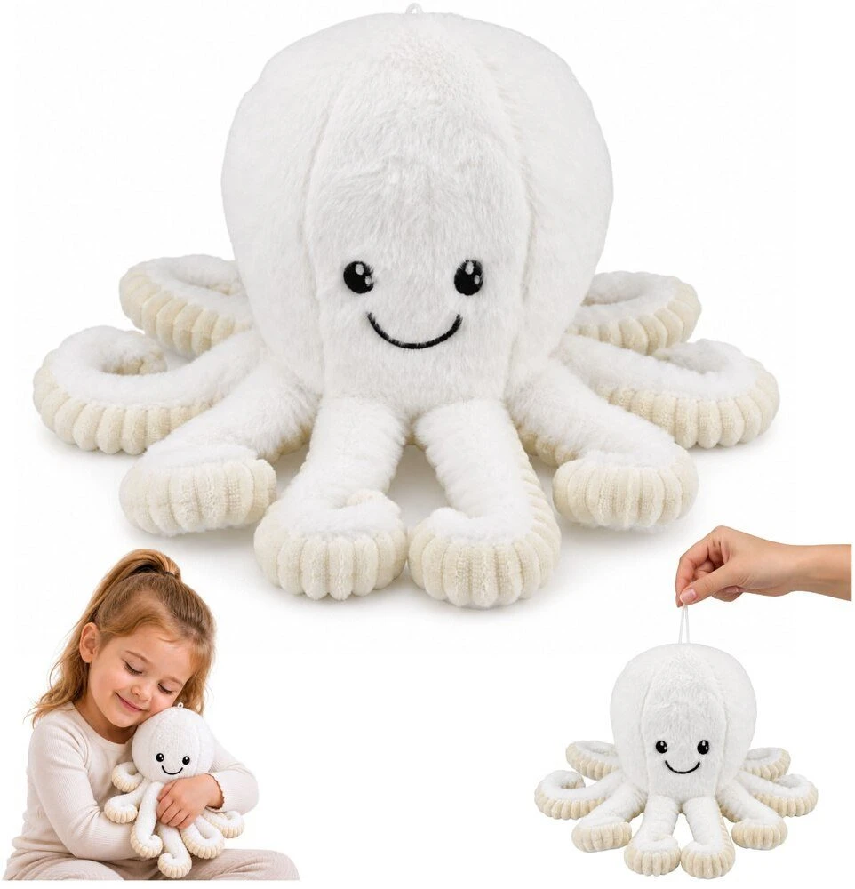 Lean Toys Pliušinis aštuonkojis su tampriais čiuptuvais, baltas, 30 x 20 x 20 cm