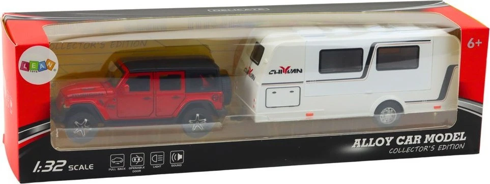 Lean Toys RAUDONAS VISUREIGIS SU KEMPINGO PRIEKABA 1:32
