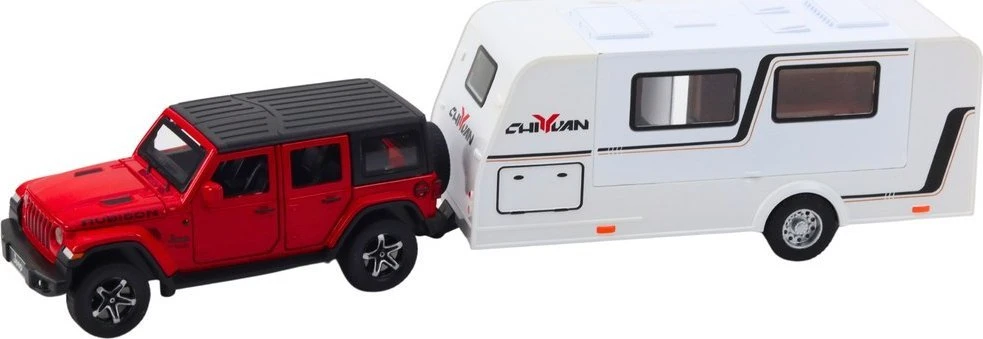 Lean Toys RAUDONAS VISUREIGIS SU KEMPINGO PRIEKABA 1:32