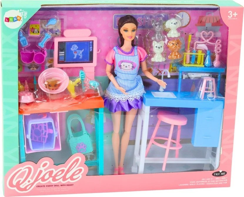 Lean Toys Lėlių veterinarijos priežiūros rinkinys su biuro baldais ir gyvūnais