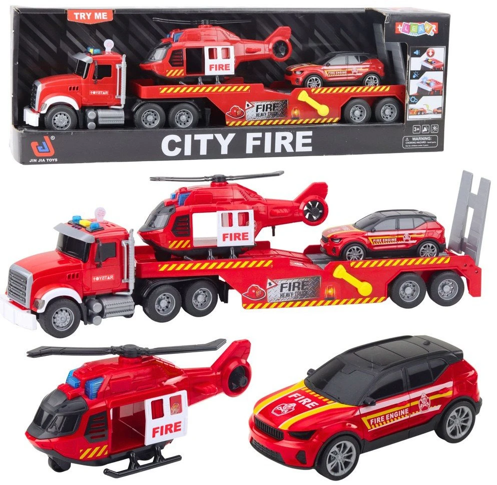 Lean Toys Gaisrininko žaidimų rinkinys: sunkvežimis, sraigtasparnis, automobilis su šviesomis ir garsais