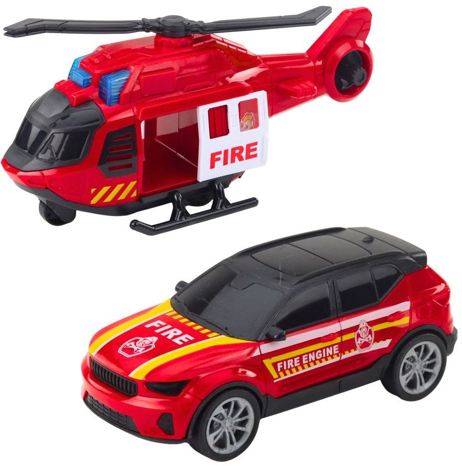 Lean Toys Gaisrininko žaidimų rinkinys: sunkvežimis, sraigtasparnis, automobilis su šviesomis ir garsais