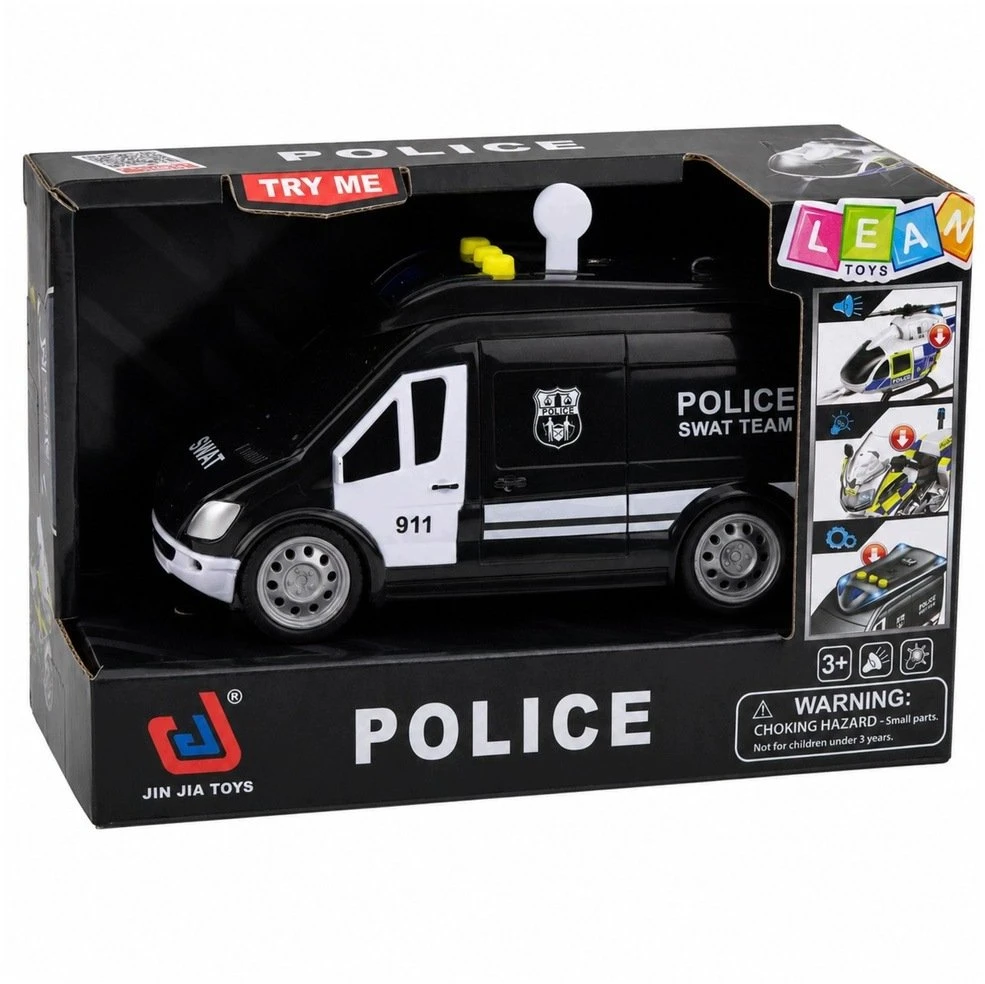 Lean Toys Žaislinis SWAT policijos furgonas su šviesos ir garso efektais, juodos ir baltos spalvos, 15,5 × 7,5 × 8,5 cm