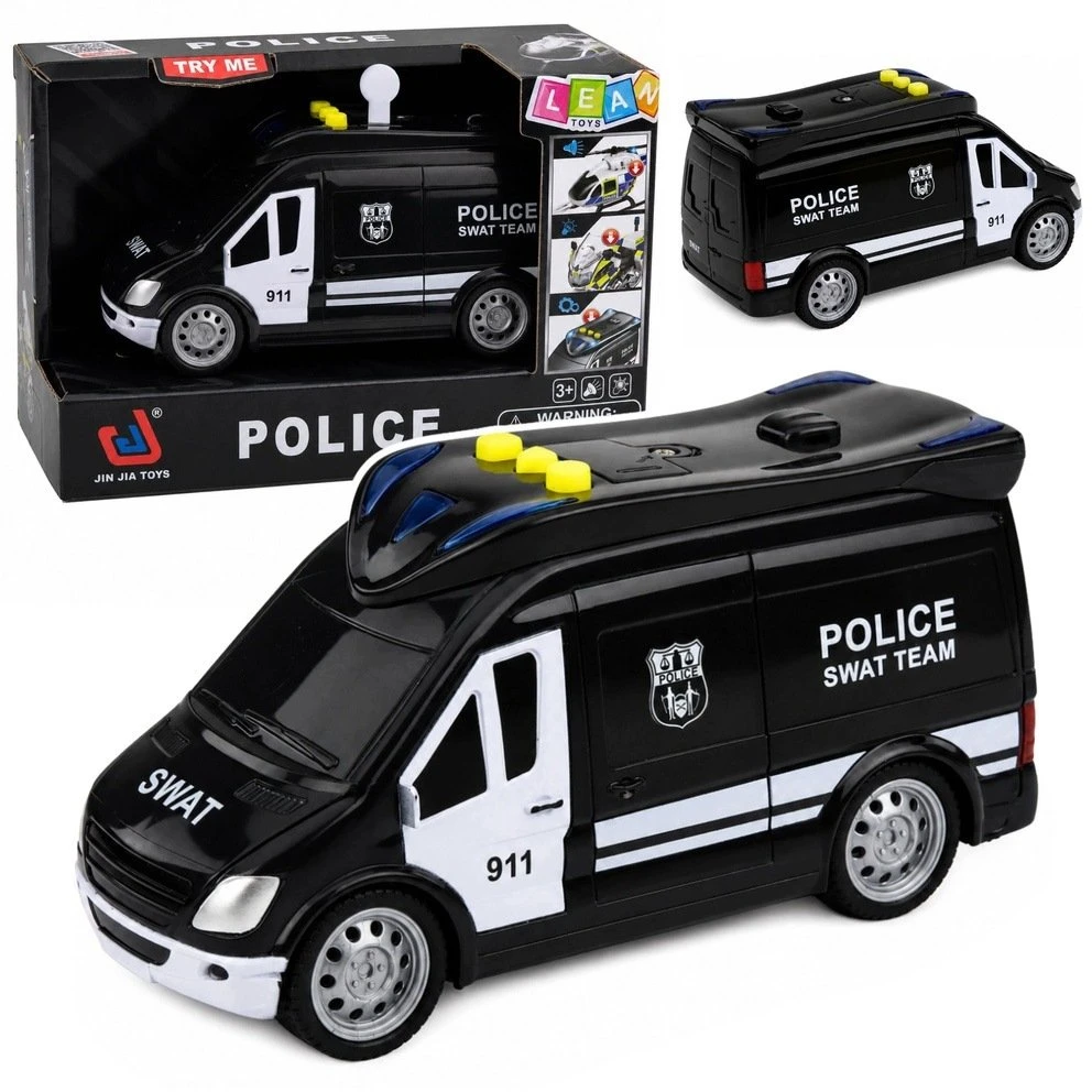 Lean Toys Žaislinis SWAT policijos furgonas su šviesos ir garso efektais, juodos ir baltos spalvos, 15,5 × 7,5 × 8,5 cm