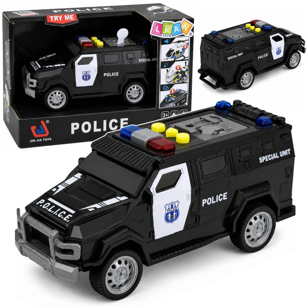 Lean Toys Žaislinis specialiųjų pajėgų policijos automobilis su šviesos ir garso efektais, juodos ir baltos spalvos, 15 × 6,5 × 6,5 cm