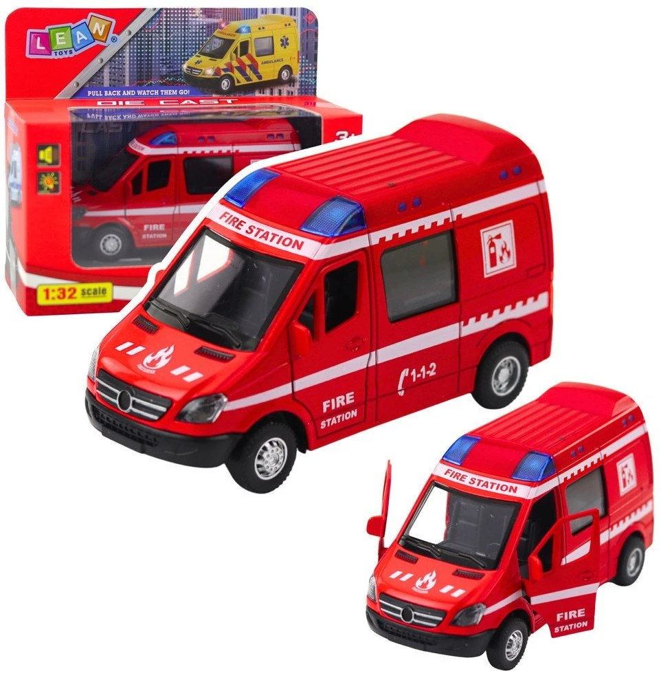Lean Toys Gaisrinės automobilis su traukimo mechanizmu, šviesomis ir garsu 1:32 mastelio