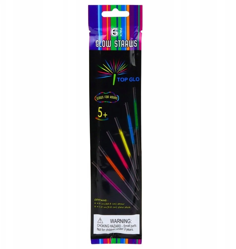 Lean Toys Słomki Fluorescenciniai šiaudeliai, šviečiantys tamsoje, neoniniai lazdelės, 6 vnt.