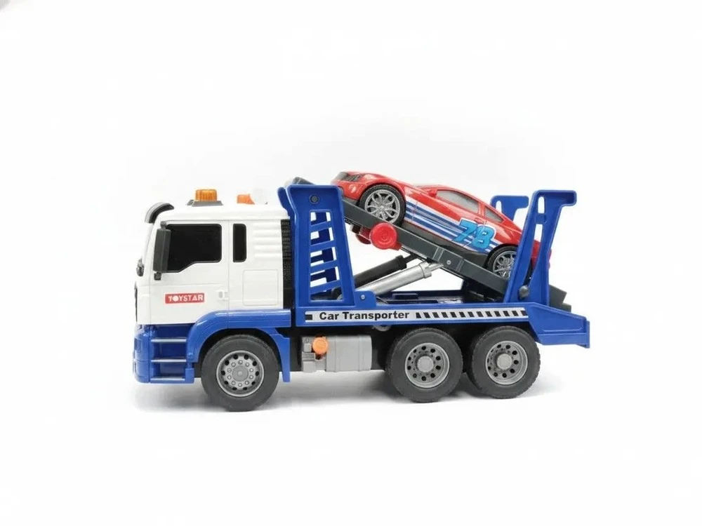 Lean Toys Žaislinis autovežis su sportiniu automobiliu, mėlynas ir baltas, 31,5 × 19,5 × 11 cm