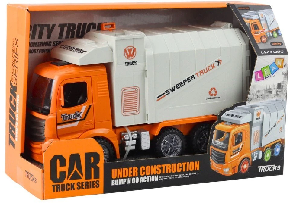 Lean Toys Žaislinis šiukšliavežis su šviesomis ir garsais, oranžinis