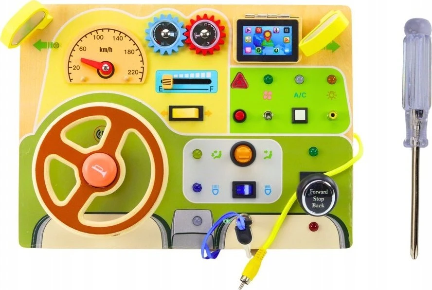 Lean Toys Medinė Sensorinė Automobilių Tema Lavinamoji Lenta su LED Apšvietimu