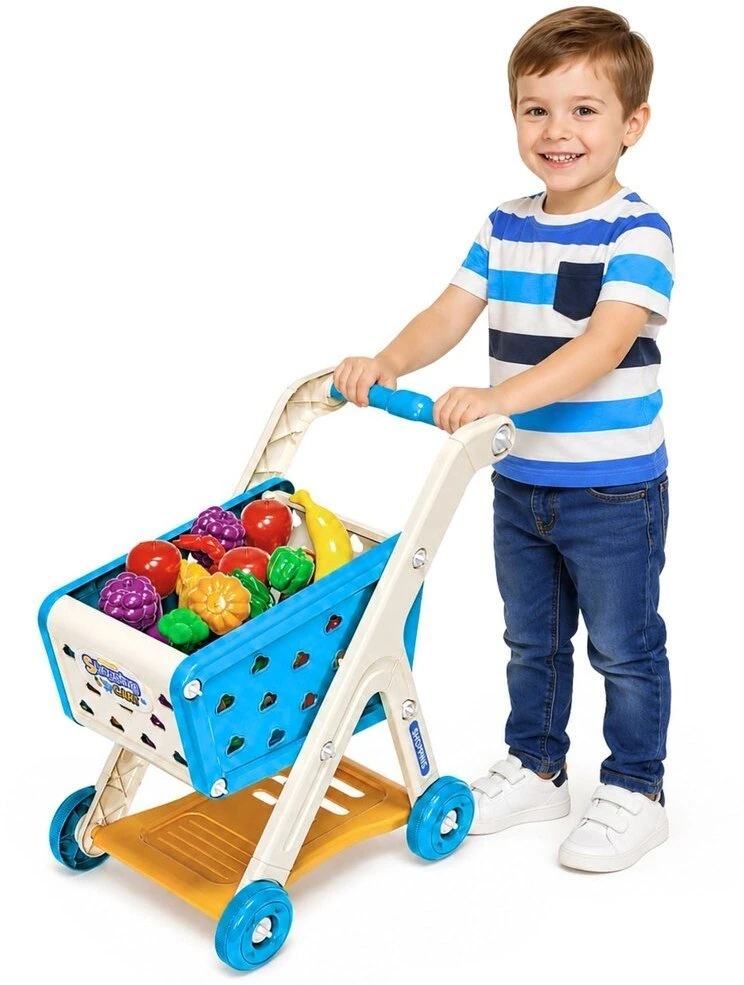 Lean Toys Vaikiškas pirkinių vežimėlis su priedais, mėlynas, 42 × 28 × 48 cm, 26 dalių