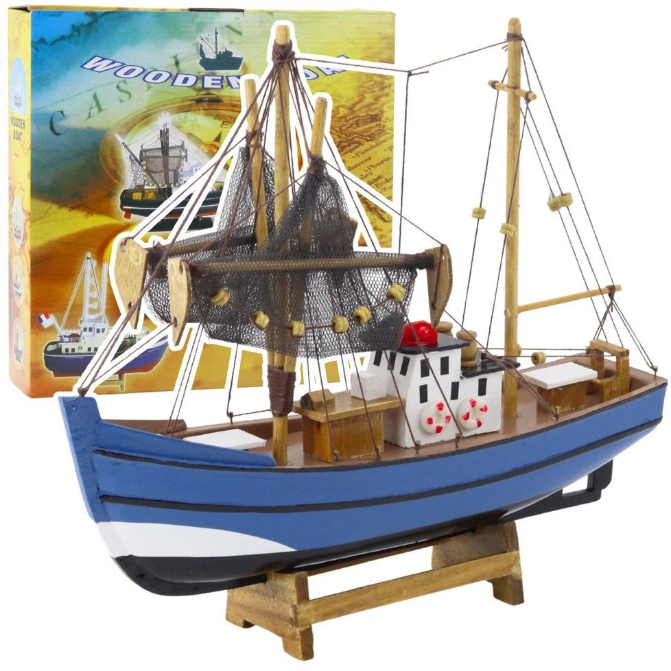 Model Medinis dekoratyvinis žvejybinis laivas su stovu 30x26.5 cm