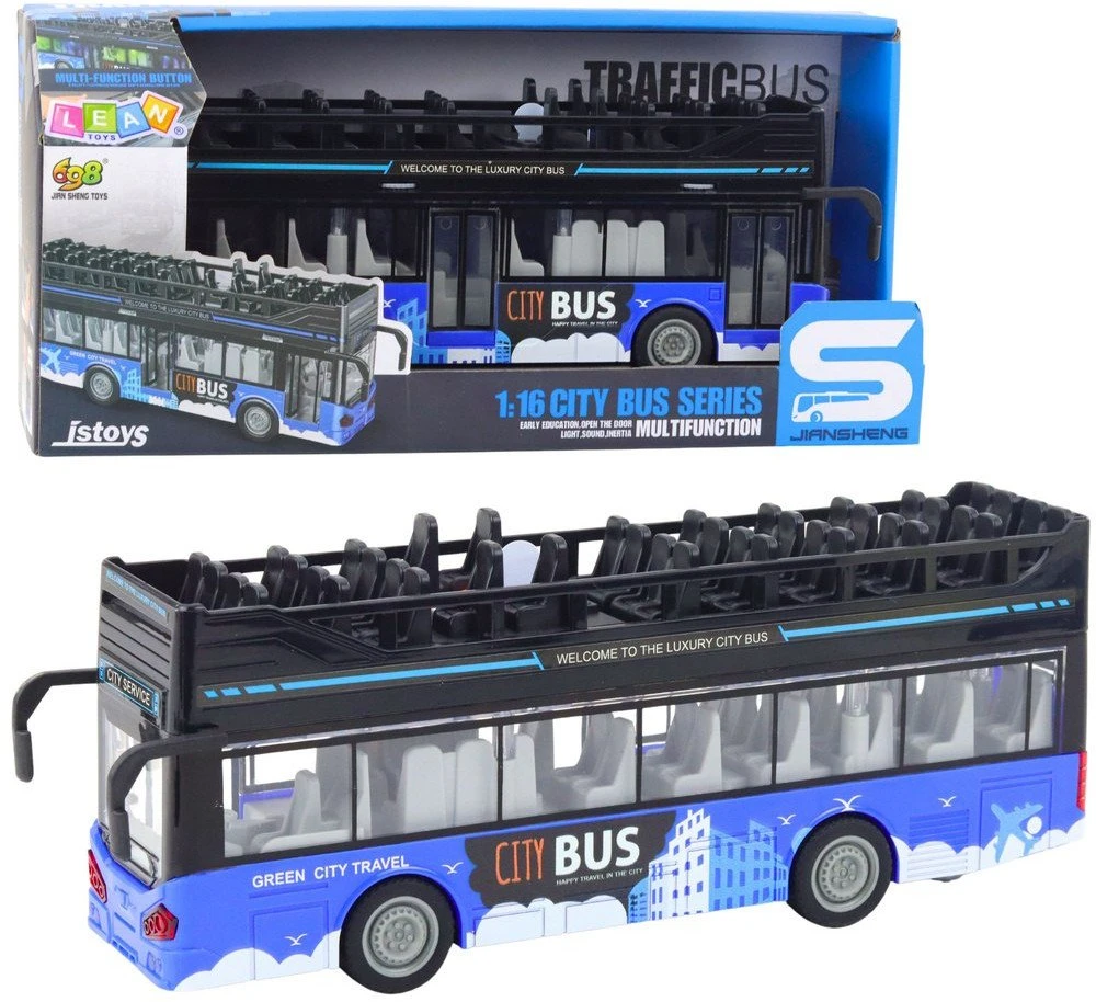Lean Toys Dviaukštis miesto autobusas 1:16 su šviesomis ir garsais, mėlynas