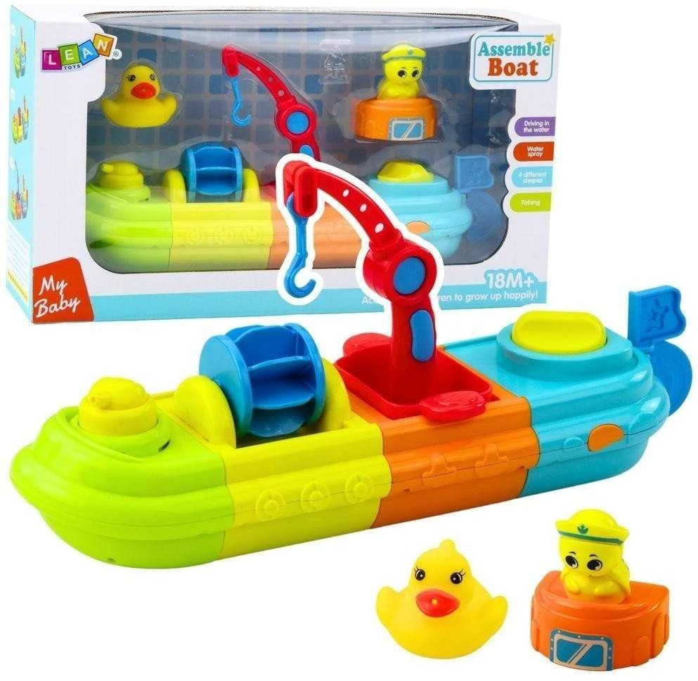 Lean Toys Vaikiškas vonios žaislas – laivas su kranu ir gyvūnėliais