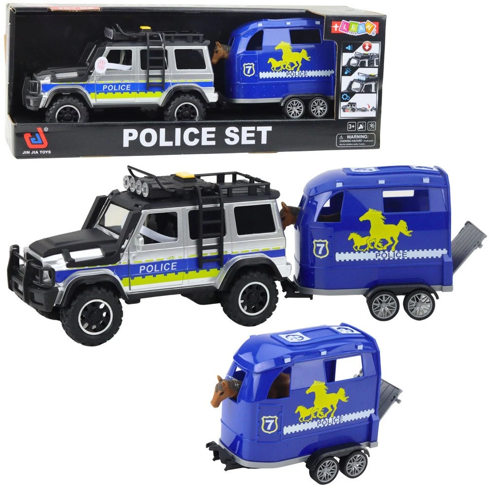 Lean Toys Policijos visureigis su priekaba ir arklio figūrėle, šviesos ir garsai
