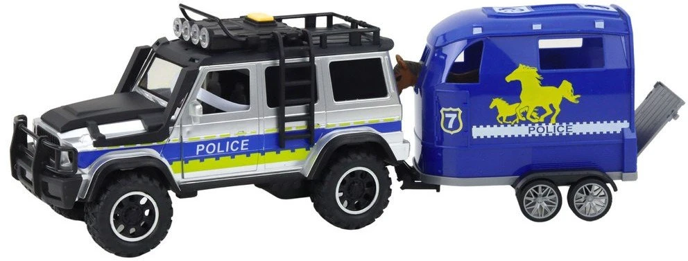 Lean Toys Policijos visureigis su priekaba ir arklio figūrėle, šviesos ir garsai