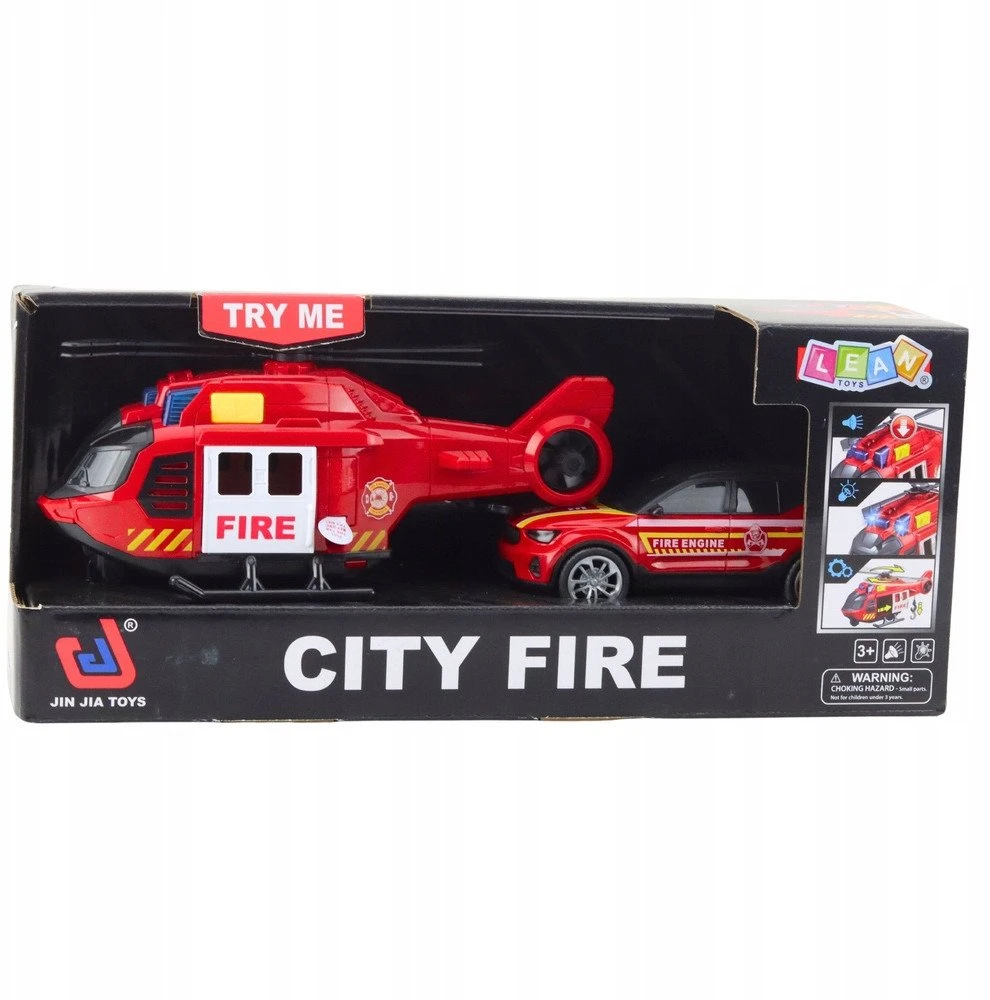 Lean Toys Gaisrinės sraigtasparnis ir automobilis su šviesomis ir garsu