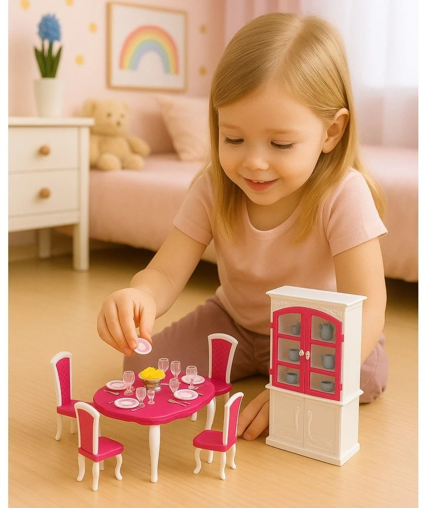 Lean Toys Lėlių valgomojo baldų komplektas: stalas, kėdės, bufetas, indai