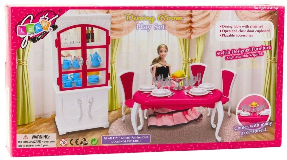 Lean Toys Lėlių valgomojo baldų komplektas: stalas, kėdės, bufetas, indai
