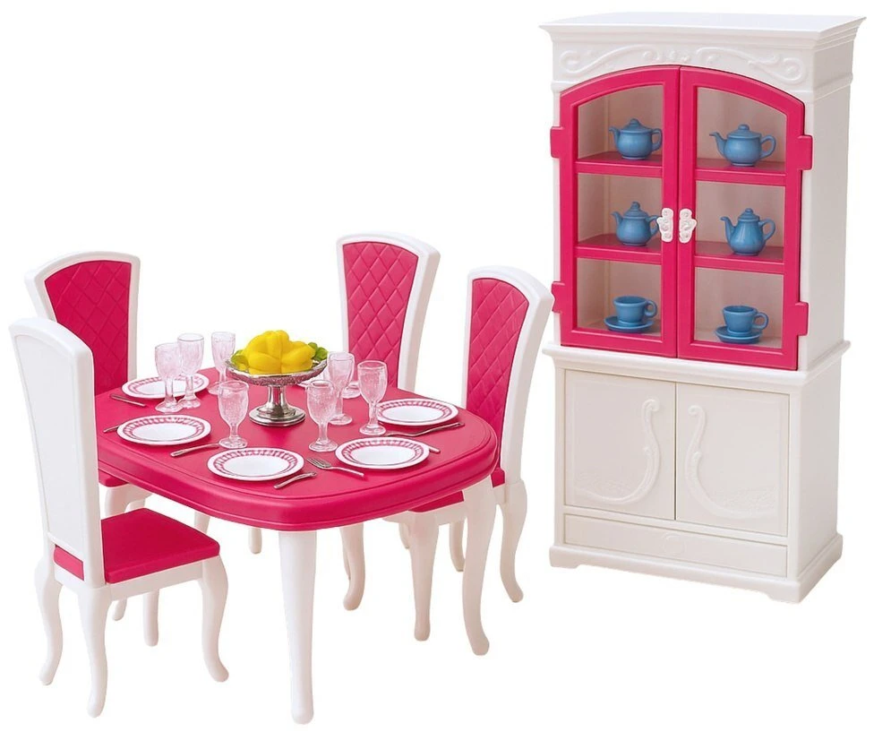 Lean Toys Lėlių valgomojo baldų komplektas: stalas, kėdės, bufetas, indai