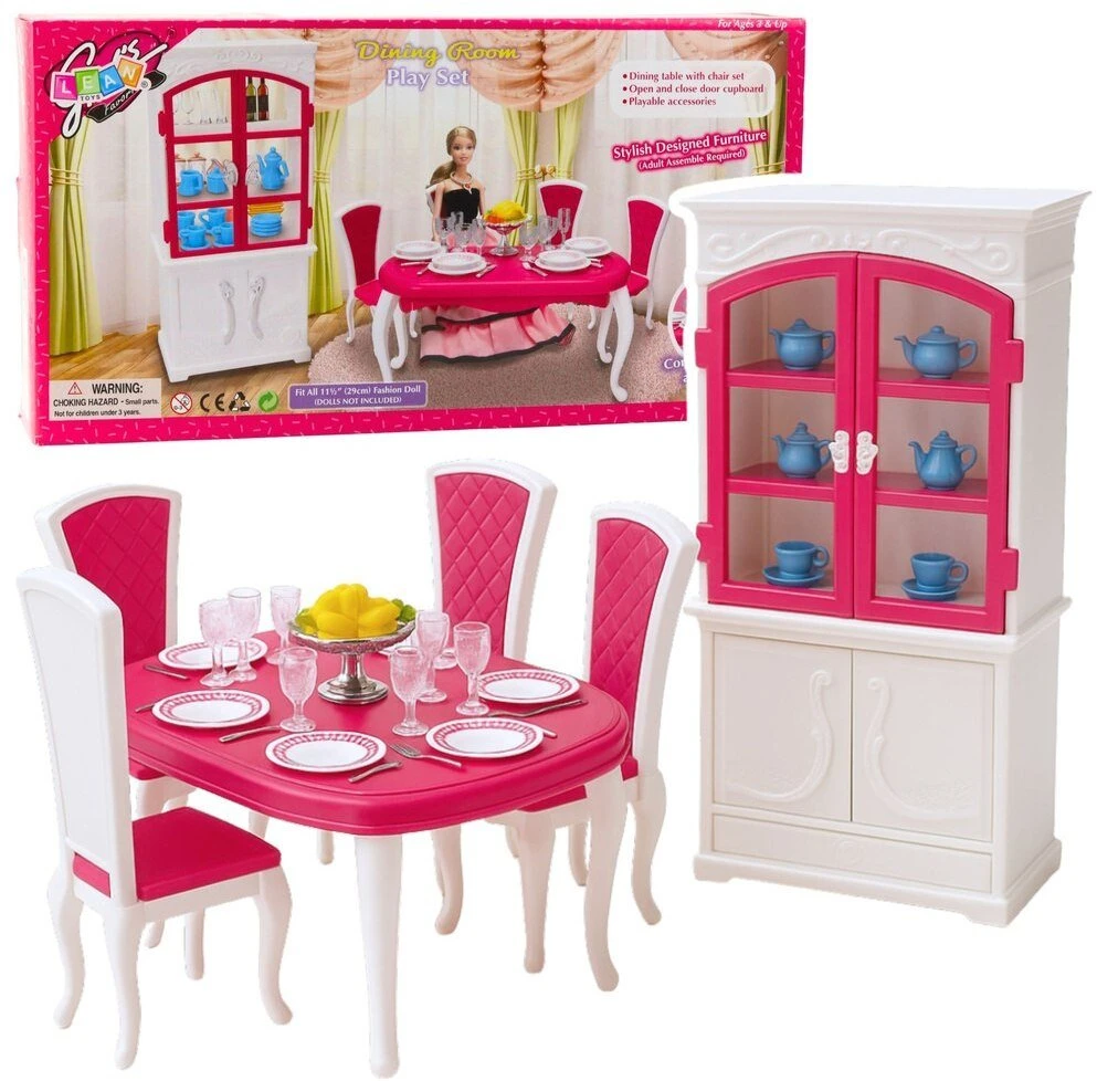 Lean Toys Lėlių valgomojo baldų komplektas: stalas, kėdės, bufetas, indai