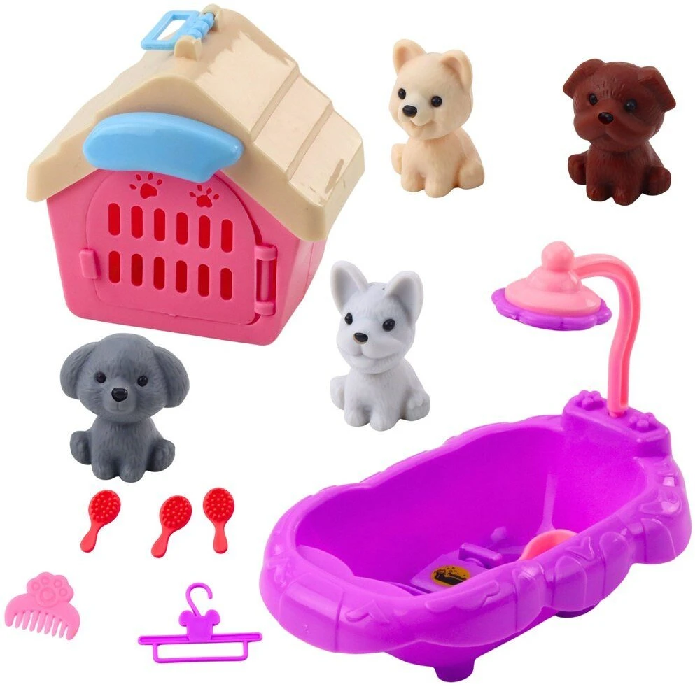 Lean Toys Šunų priežiūros rinkinys su vonia ir nameliu, 4 vnt.