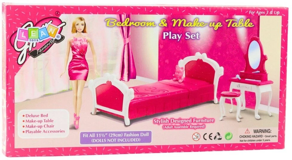 Lean Toys Lėlės miegamojo komplektas su tualetiniu staliuku 29 cm