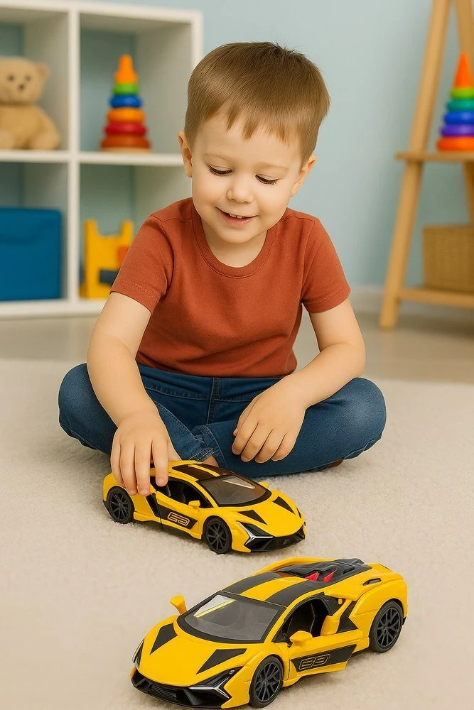 Lean Toys Lenktyninis automobilis metalinis 1:32 geltonas su atidaromomis durimis