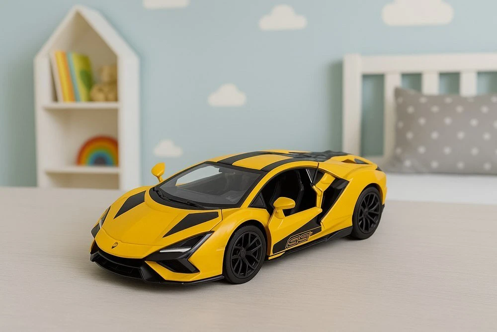 Lean Toys Lenktyninis automobilis metalinis 1:32 geltonas su atidaromomis durimis