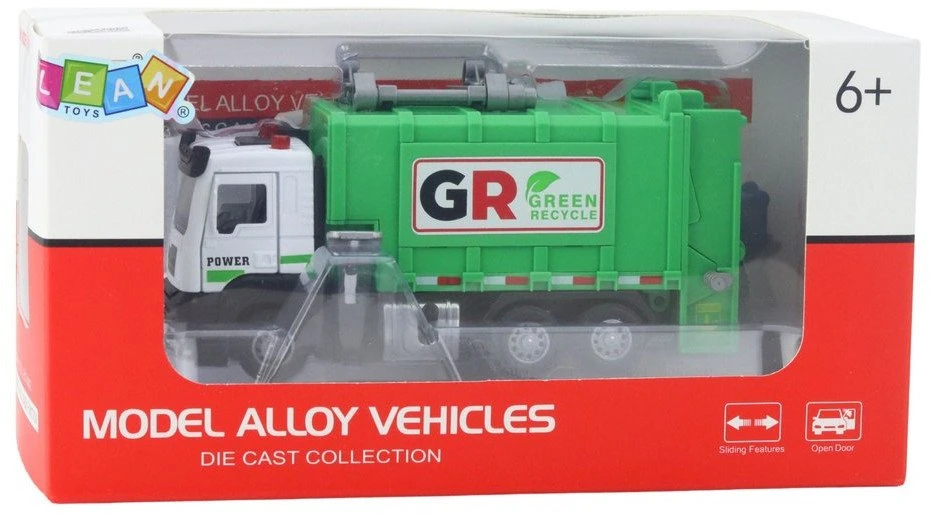 Lean Toys Šiukšliavežis su Varikliu, Šviesomis ir Garsais, 4 Atliekų Dėžės, Žalias, 17x7x6 cm
