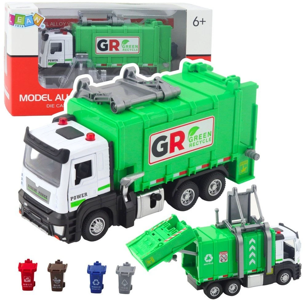 Lean Toys Šiukšliavežis su Varikliu, Šviesomis ir Garsais, 4 Atliekų Dėžės, Žalias, 17x7x6 cm